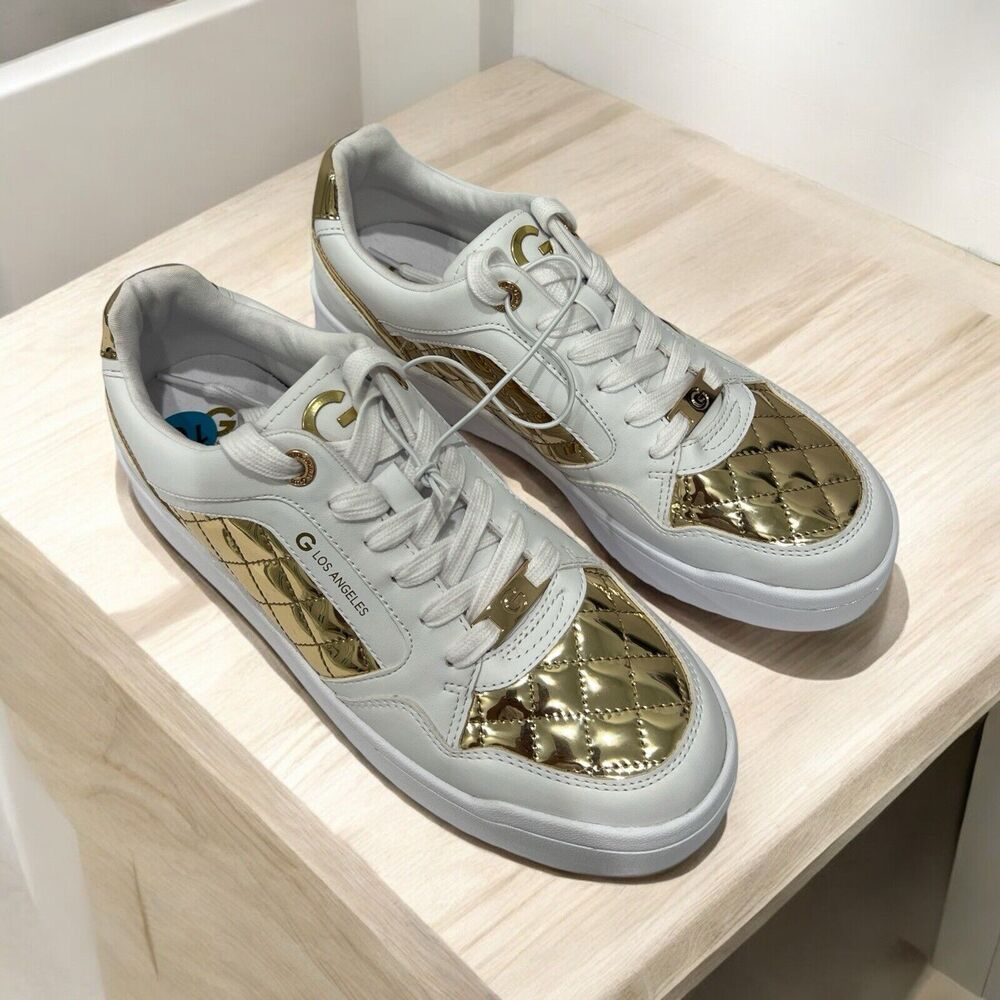 Guess Women’s Quilted Gold & White Leather Sneakers Size 10 New - Picture 2 of 6